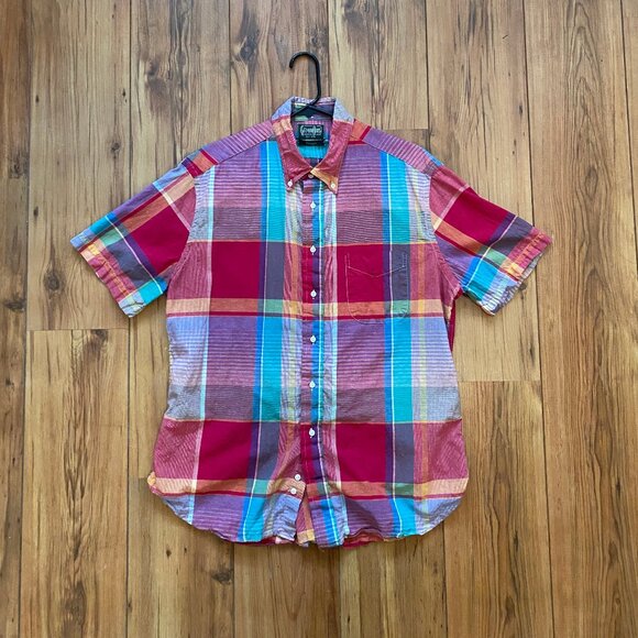Gitman Vintage Pink Big Madras Check Short Sleeve Button Down, Sz XL - Picture 1 of 9